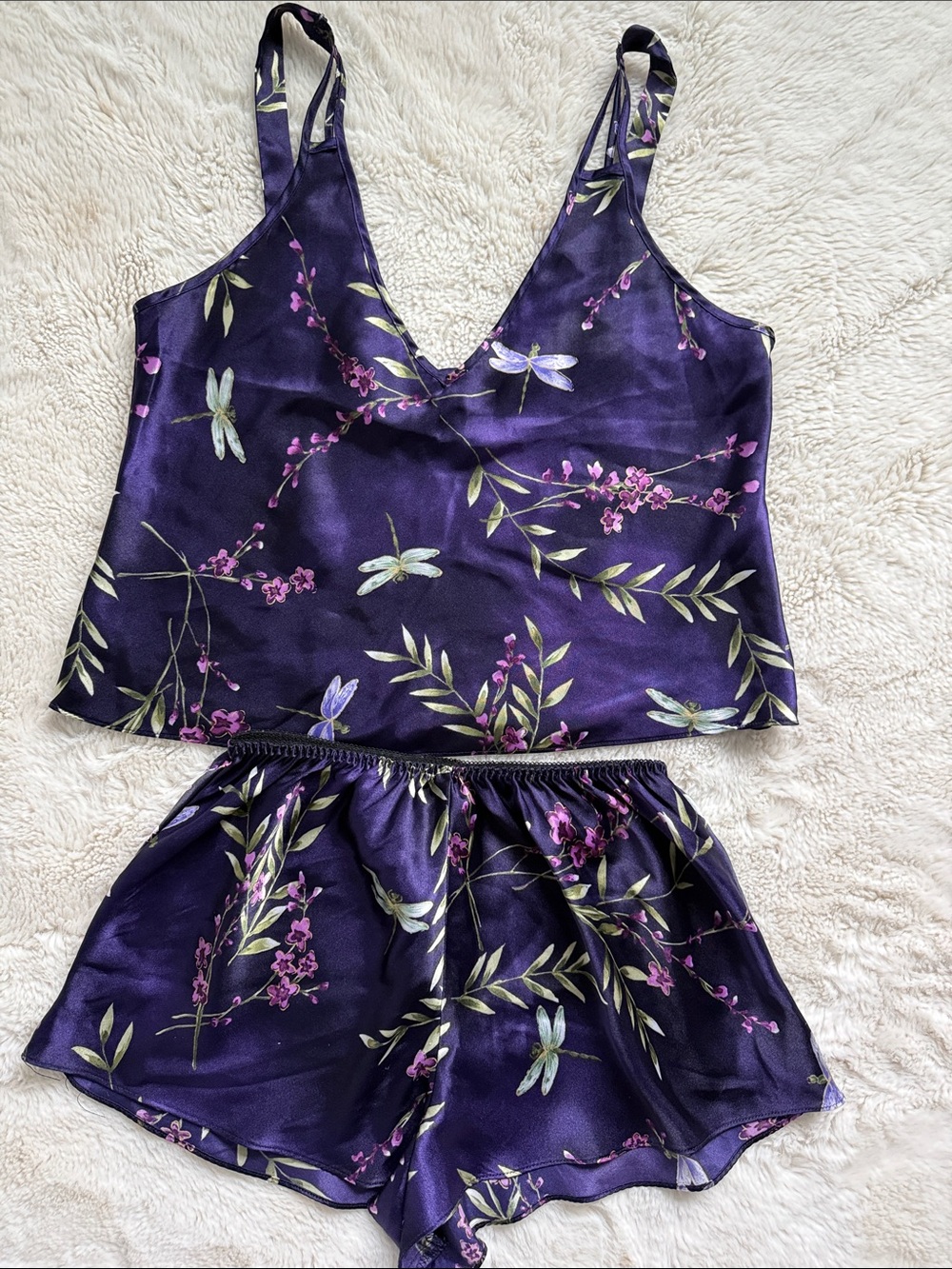 Dragonfly Purple Floral Whimsical Camisole & Shorts Set L Large California Miss